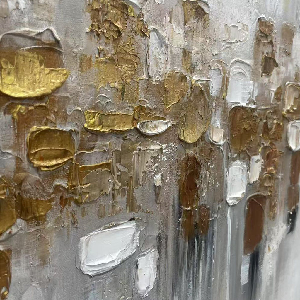 Golden Abstract painting detail: rich textured gold and white impasto strokes, showcasing luxurious material depth.