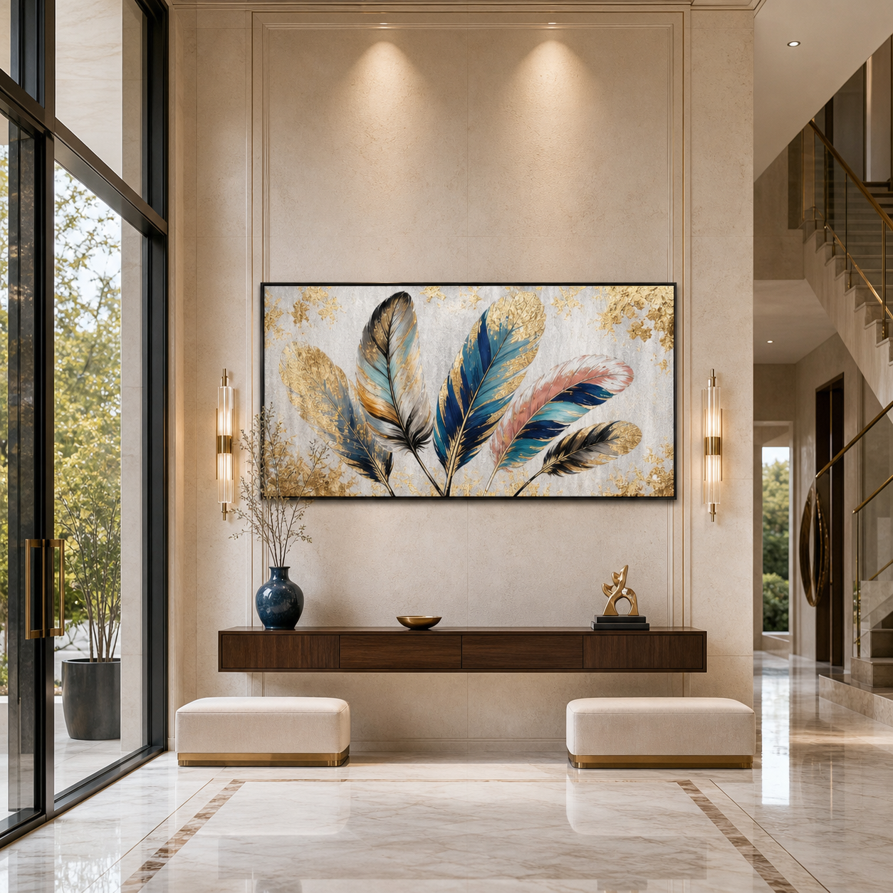 GOLDEN AND BLUE FEATHERS: Gold Leaf Feathers  Panoramic Canvas