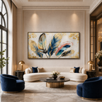 GOLDEN AND BLUE FEATHERS: Gold Leaf Feathers  Panoramic Canvas