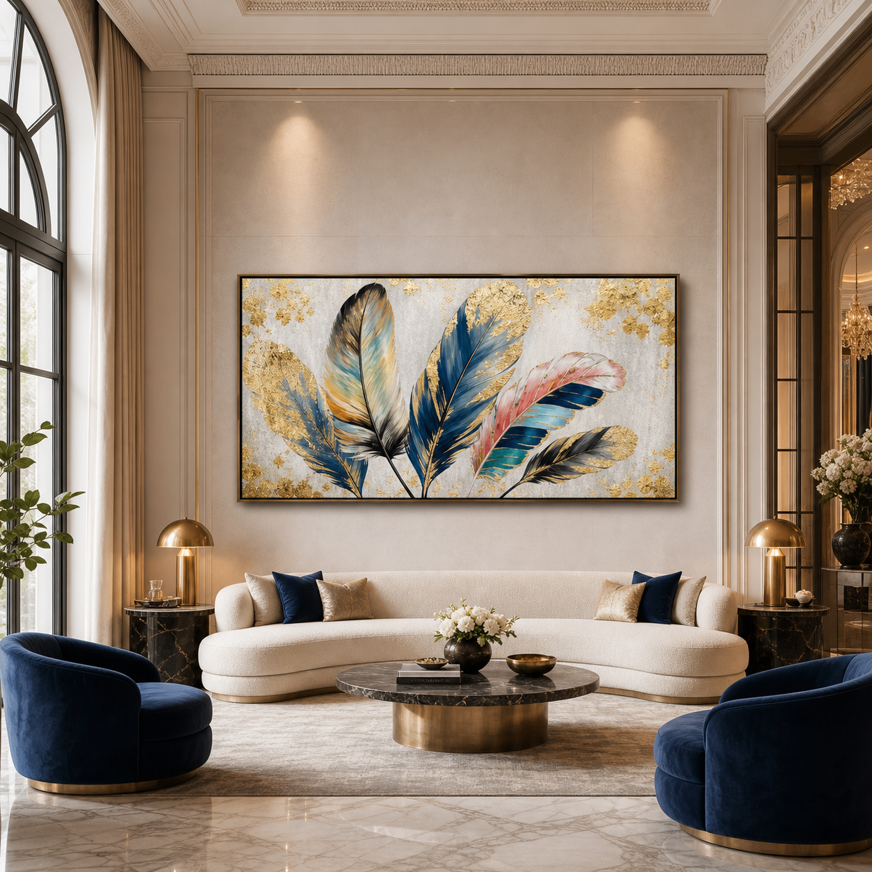 GOLDEN AND BLUE FEATHERS: Gold Leaf Feathers  Panoramic Canvas
