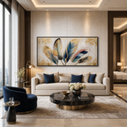 GOLDEN AND BLUE FEATHERS: Gold Leaf Feathers  Panoramic Canvas
