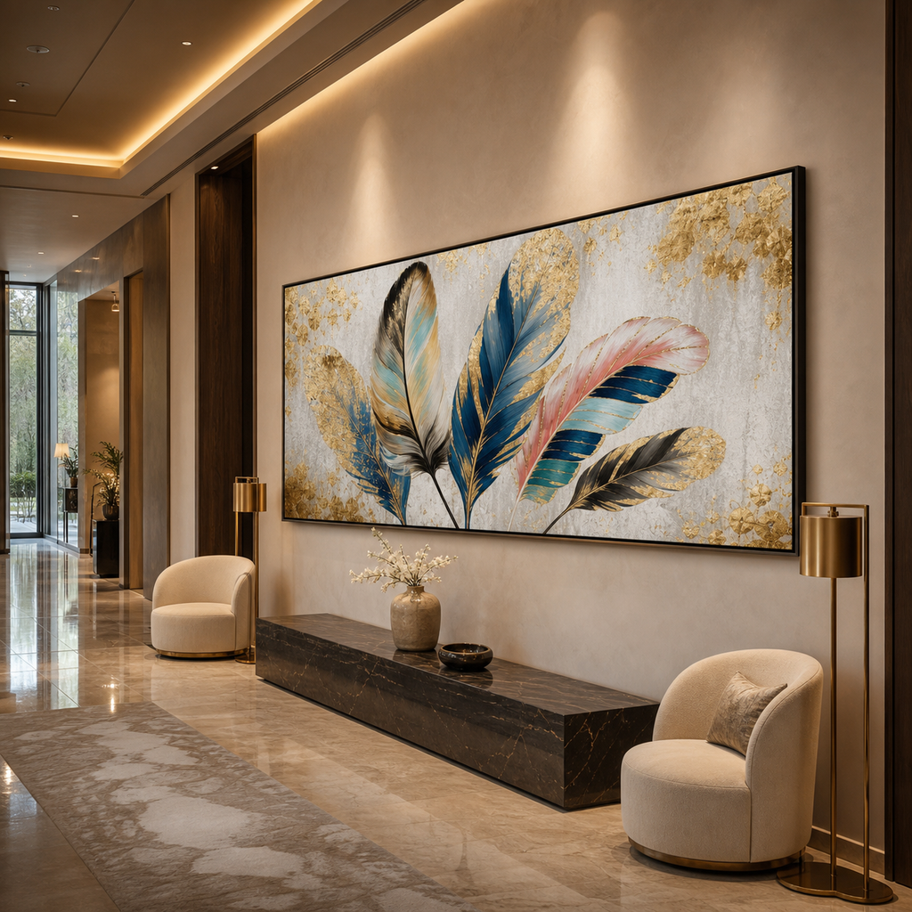 GOLDEN AND BLUE FEATHERS: Gold Leaf Feathers  Panoramic Canvas