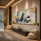 GOLDEN AND BLUE FEATHERS: Gold Leaf Feathers  Panoramic Canvas