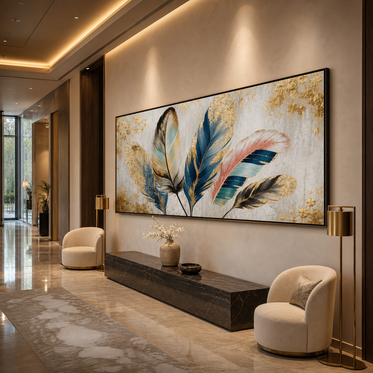 GOLDEN AND BLUE FEATHERS: Gold Leaf Feathers  Panoramic Canvas