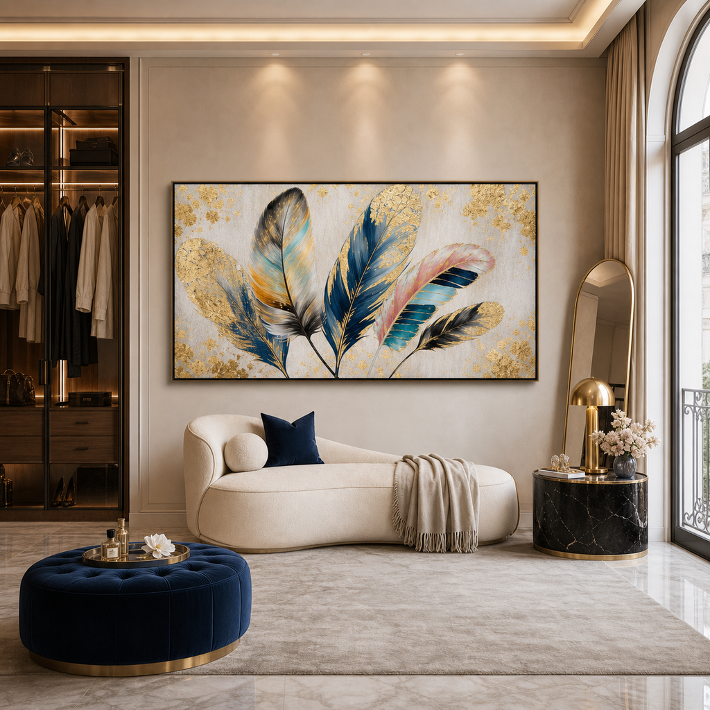 GOLDEN AND BLUE FEATHERS: Gold Leaf Feathers  Panoramic Canvas