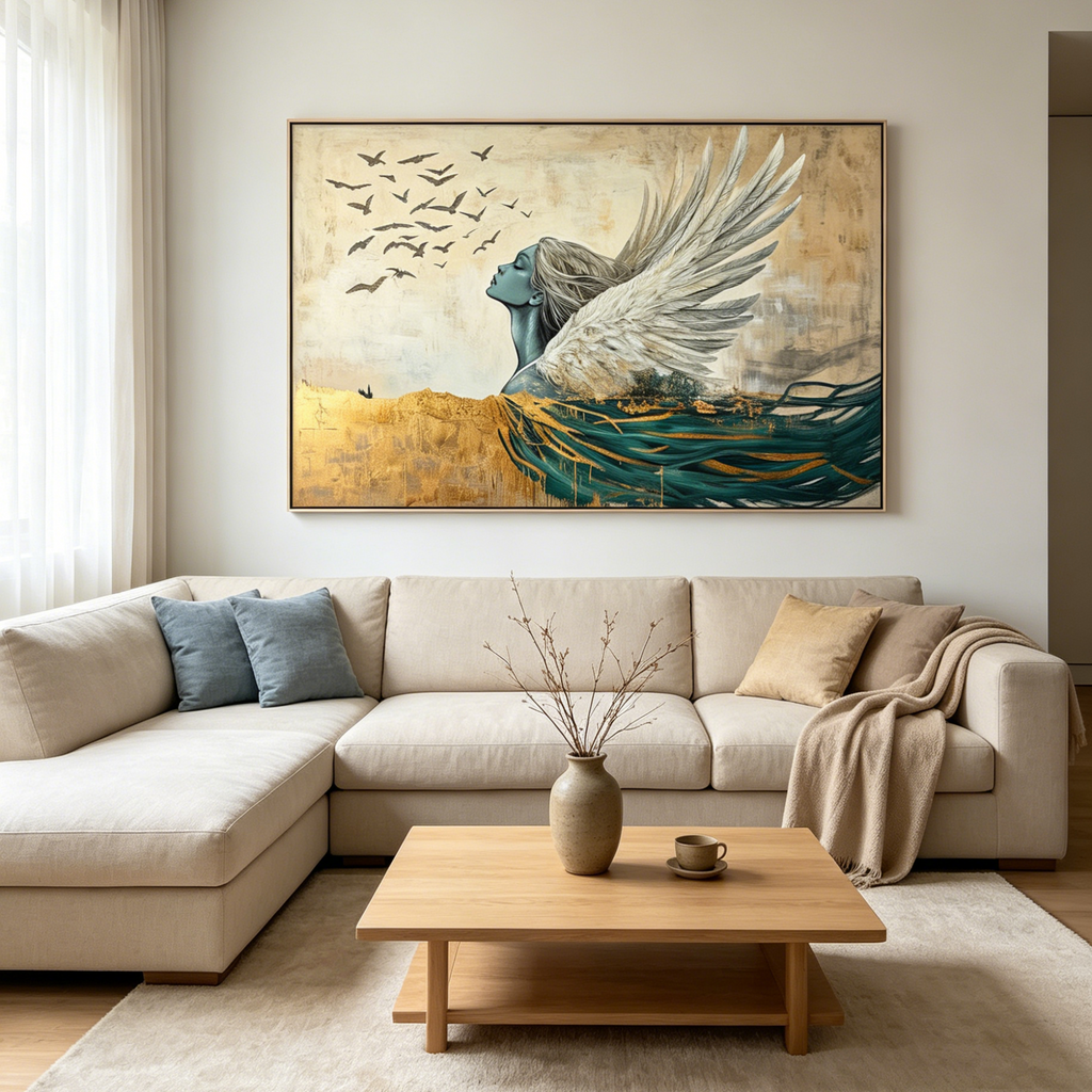 GOLDEN ASCENSION: Ethereal Winged Figure Ascending Birds Canvas