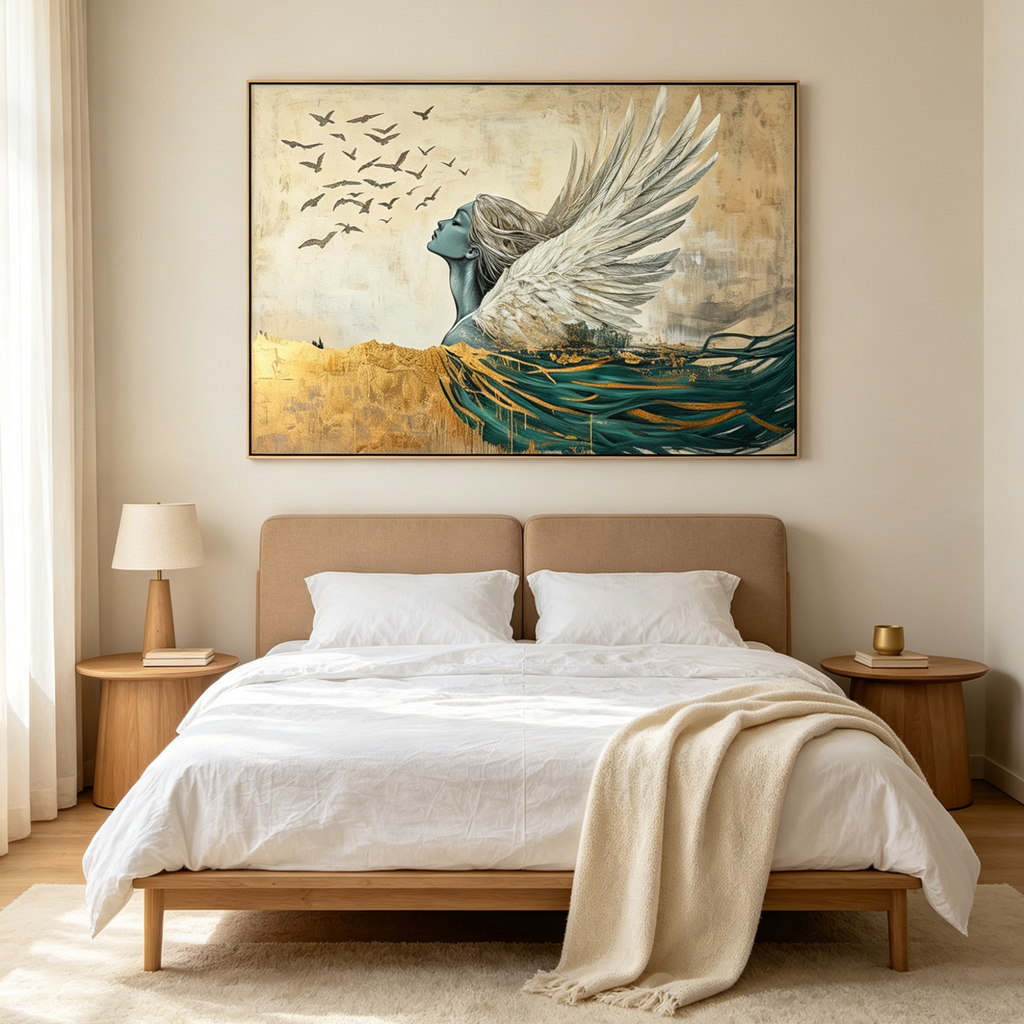 GOLDEN ASCENSION: Ethereal Winged Figure Ascending Birds Canvas