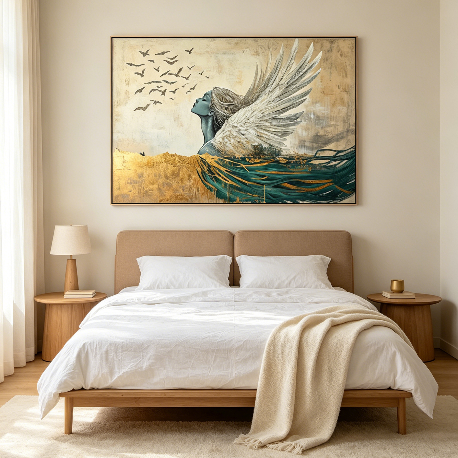 GOLDEN ASCENSION: Ethereal Winged Figure Ascending Birds Canvas