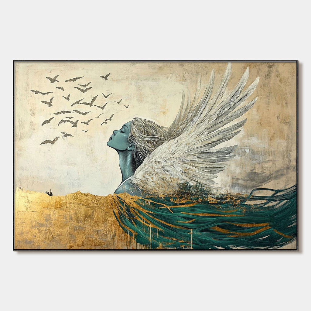 Golden Ascension: Original Ethereal Angel Oil Painting - Spiritual Wall Art Decor