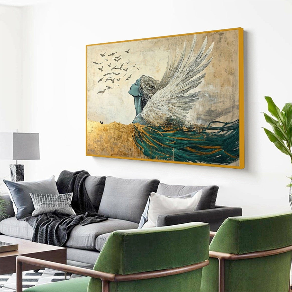 GOLDEN ASCENSION: Ethereal Winged Figure Ascending Birds Canvas