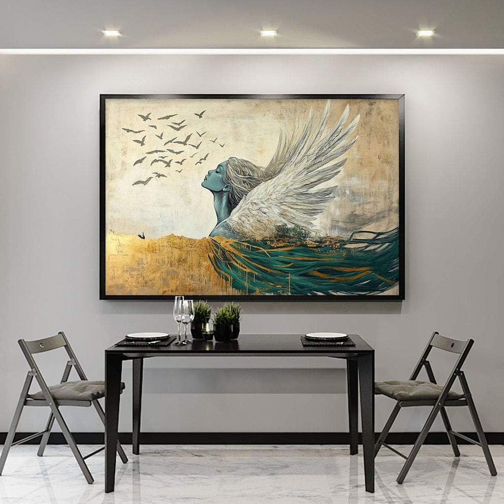 GOLDEN ASCENSION: Ethereal Winged Figure Ascending Birds Canvas