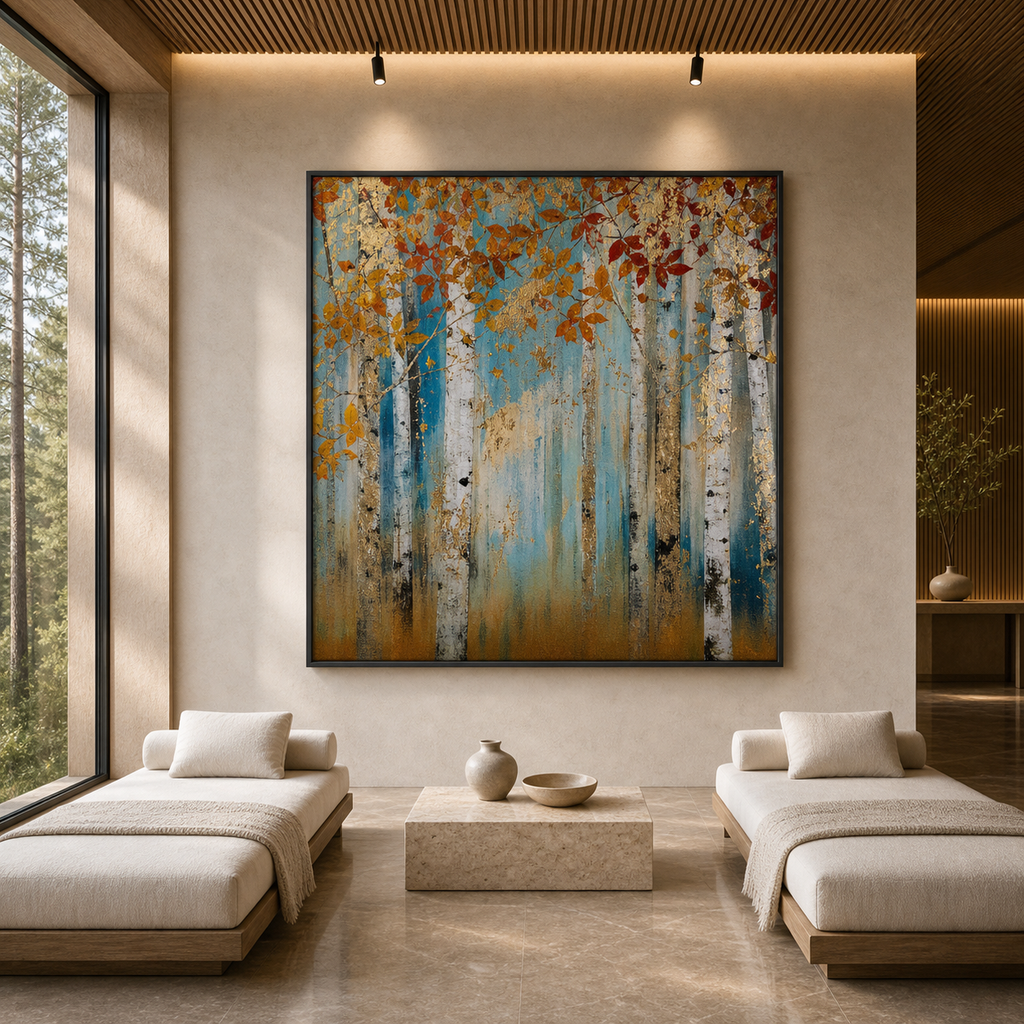 GOLDEN AUTUMN FOREST: Gold Leaf Autumn Trees Textured Canvas