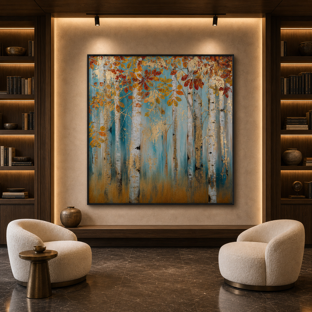 GOLDEN AUTUMN FOREST: Gold Leaf Autumn Trees Textured Canvas