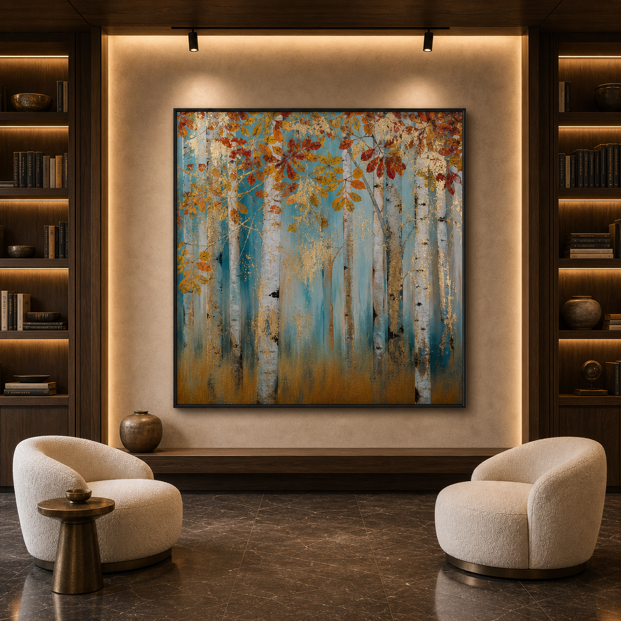 GOLDEN AUTUMN FOREST: Gold Leaf Autumn Trees Textured Canvas