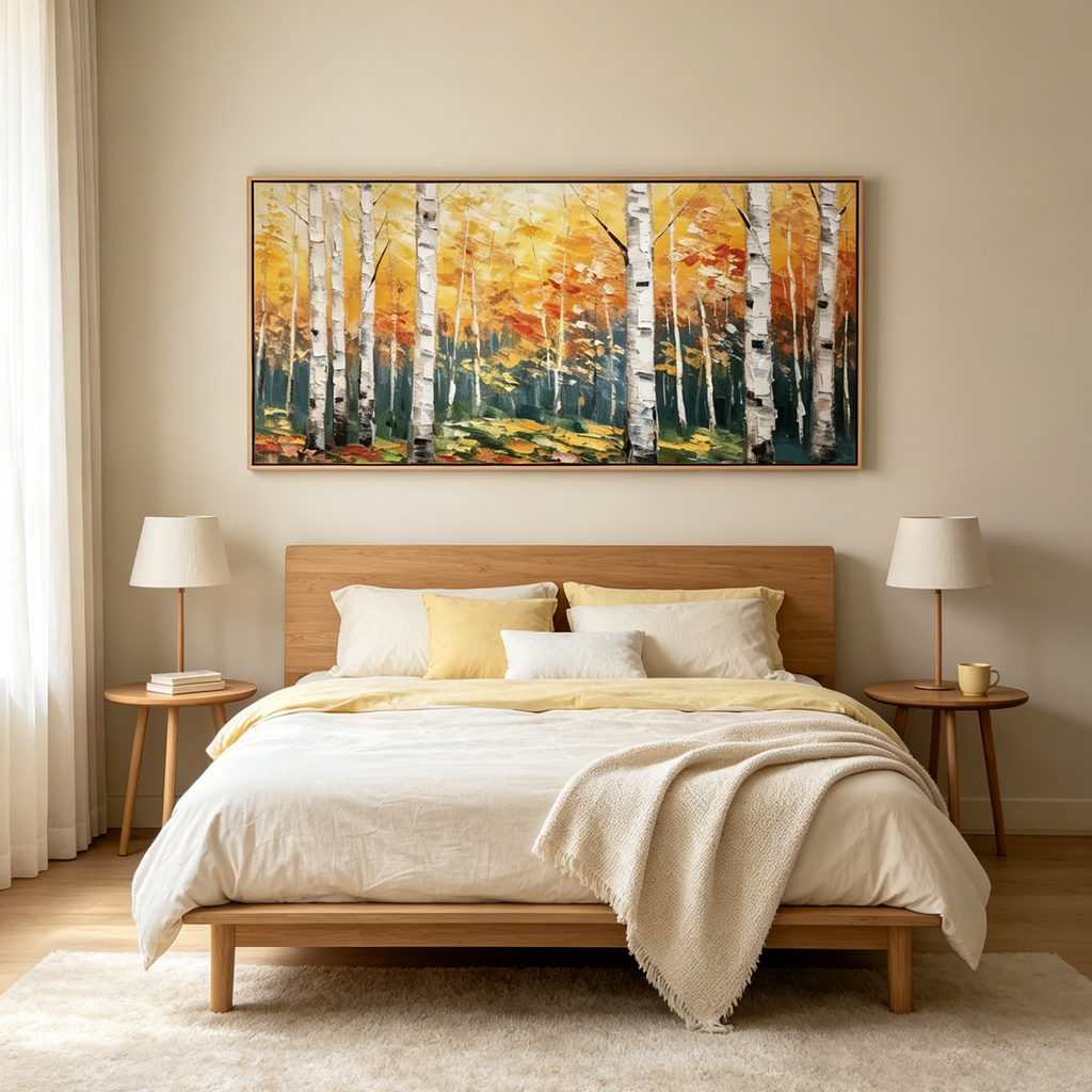 GOLDEN BIRCH LIGHT: Golden Light White Birch Trees Warm Yellow Canvas