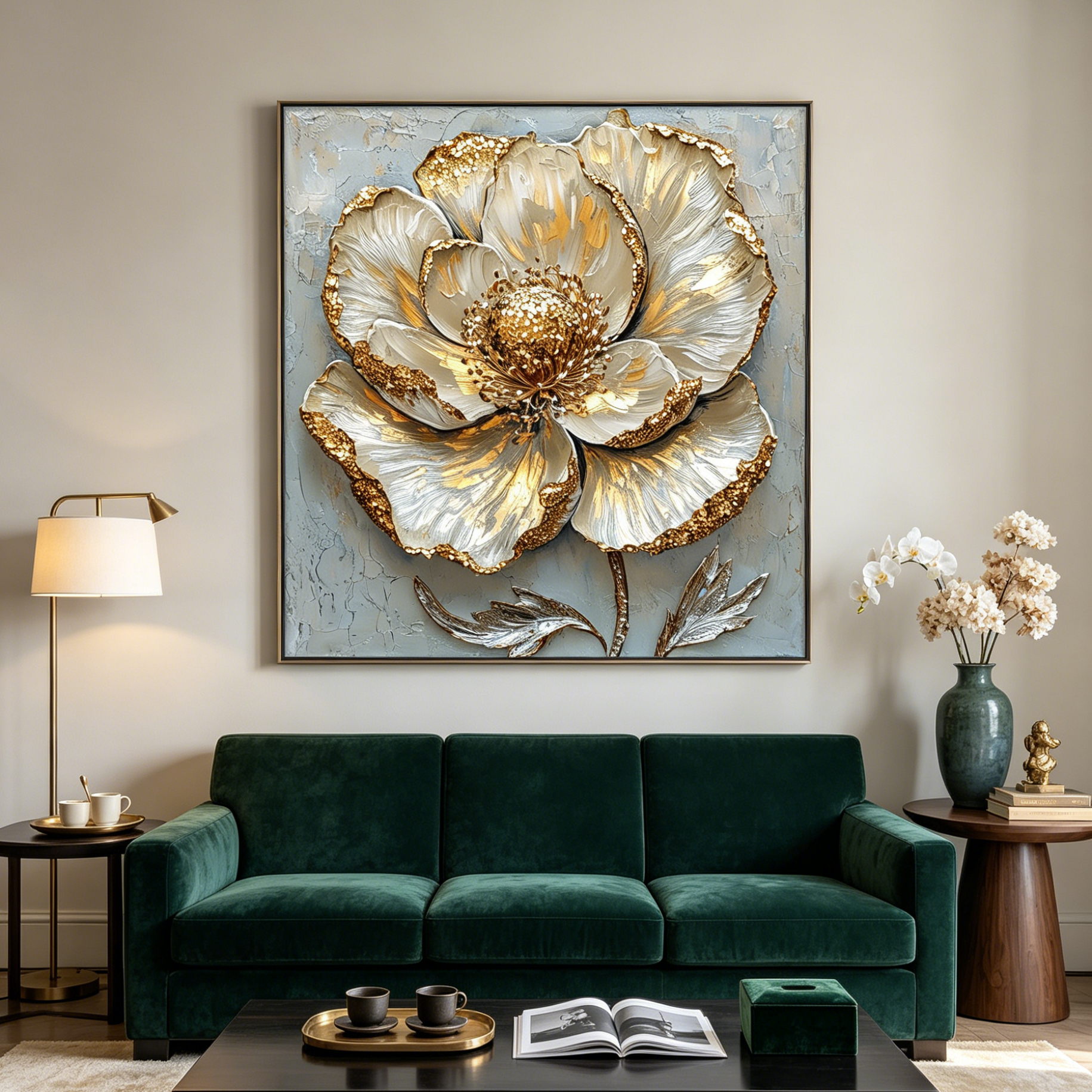 GOLDEN BLOOM: Textured Impasto Single Opulent Flower Canvas