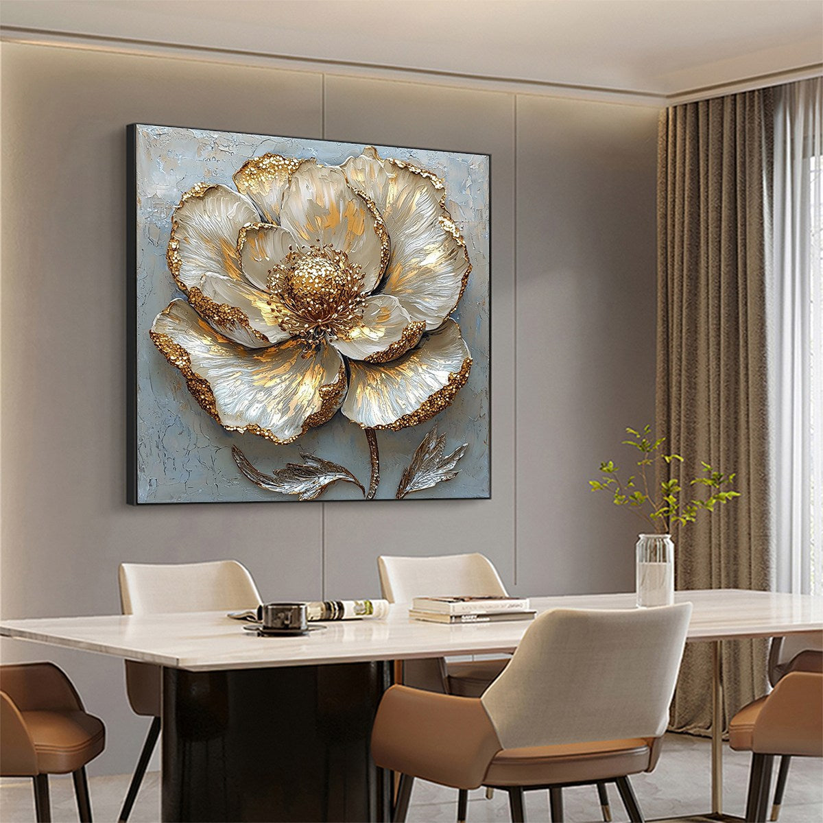 GOLDEN BLOOM: Textured Impasto Single Opulent Flower Canvas