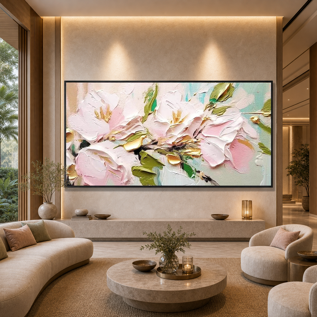 GOLDEN BLUSH: Soft Pink Gold Accents Impasto Romantic Canvas