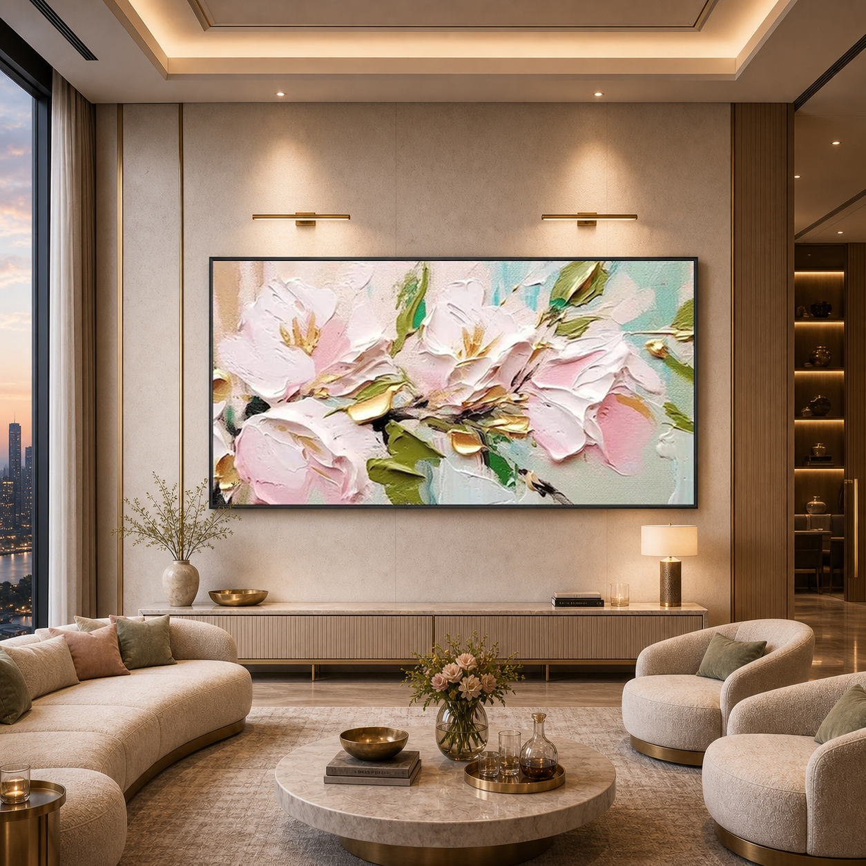 GOLDEN BLUSH: Soft Pink Gold Accents Impasto Romantic Canvas