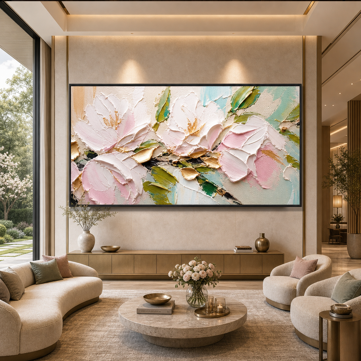 GOLDEN BLUSH: Soft Pink Gold Accents Impasto Romantic Canvas