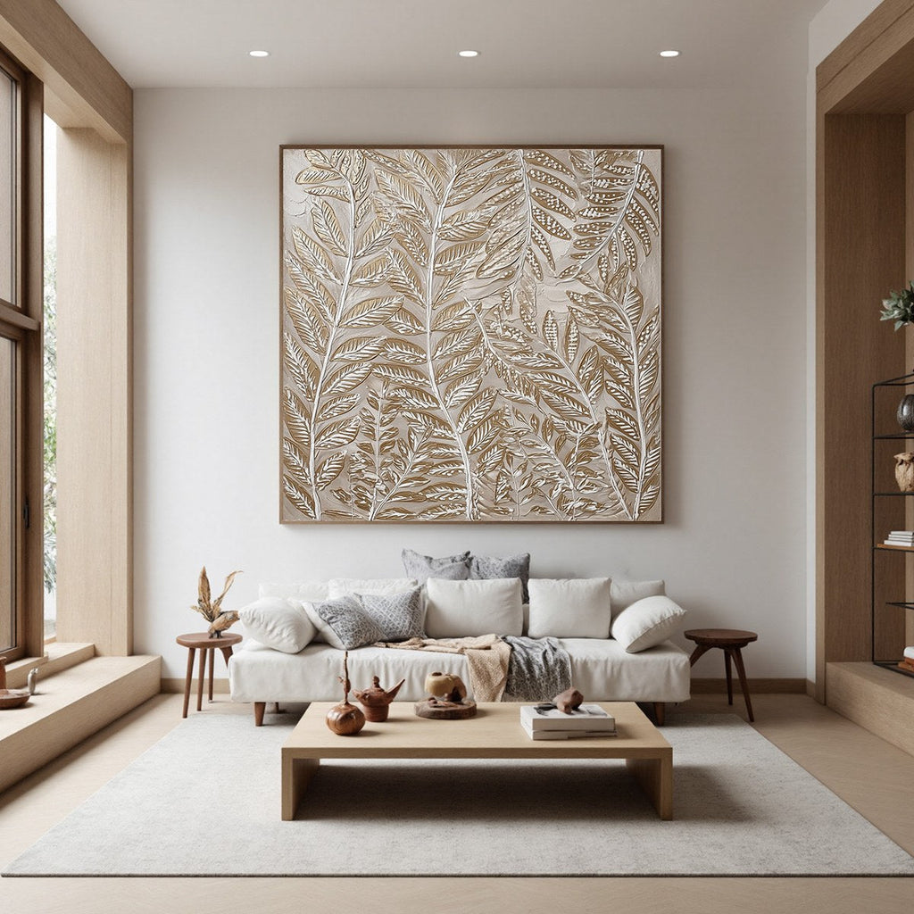 GOLDEN BOTANICALS: Textured Impasto Gold Leaf White Botanicals Canvas