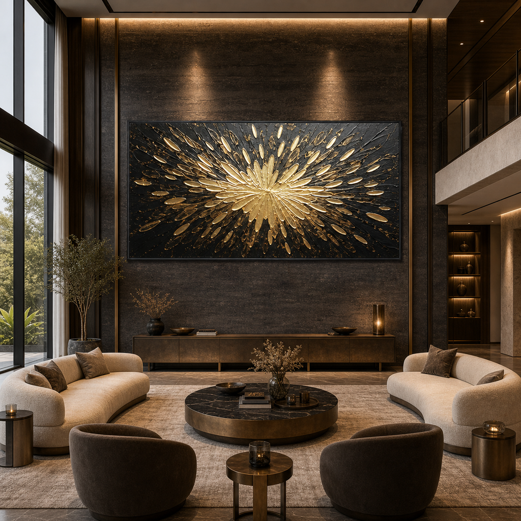 GOLDEN BURST: Black Gold Explosive Texture Modern Abstract Canvas
