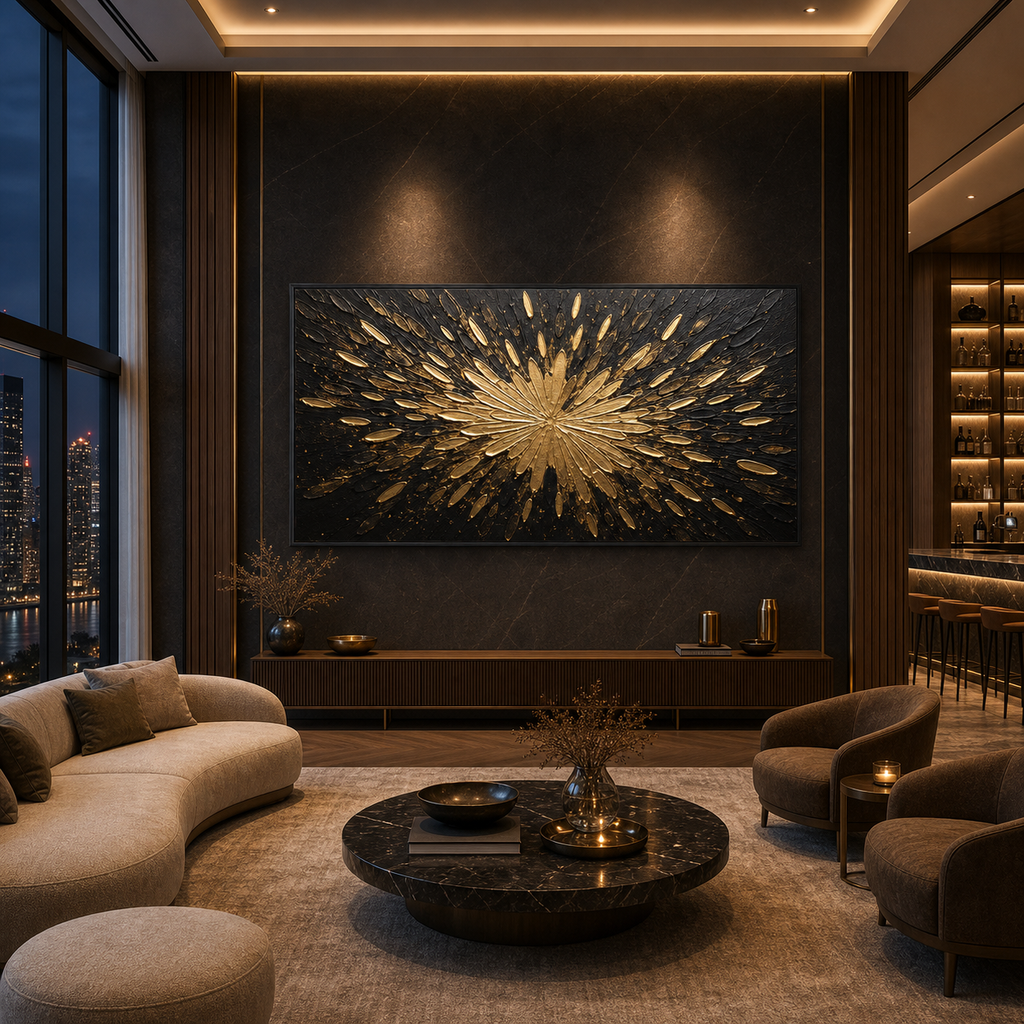GOLDEN BURST: Black Gold Explosive Texture Modern Abstract Canvas