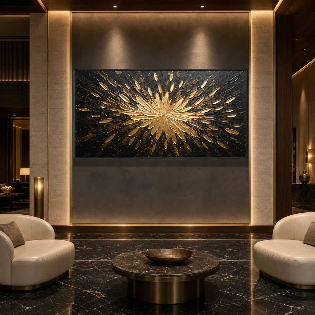 GOLDEN BURST: Black Gold Explosive Texture Modern Abstract Canvas