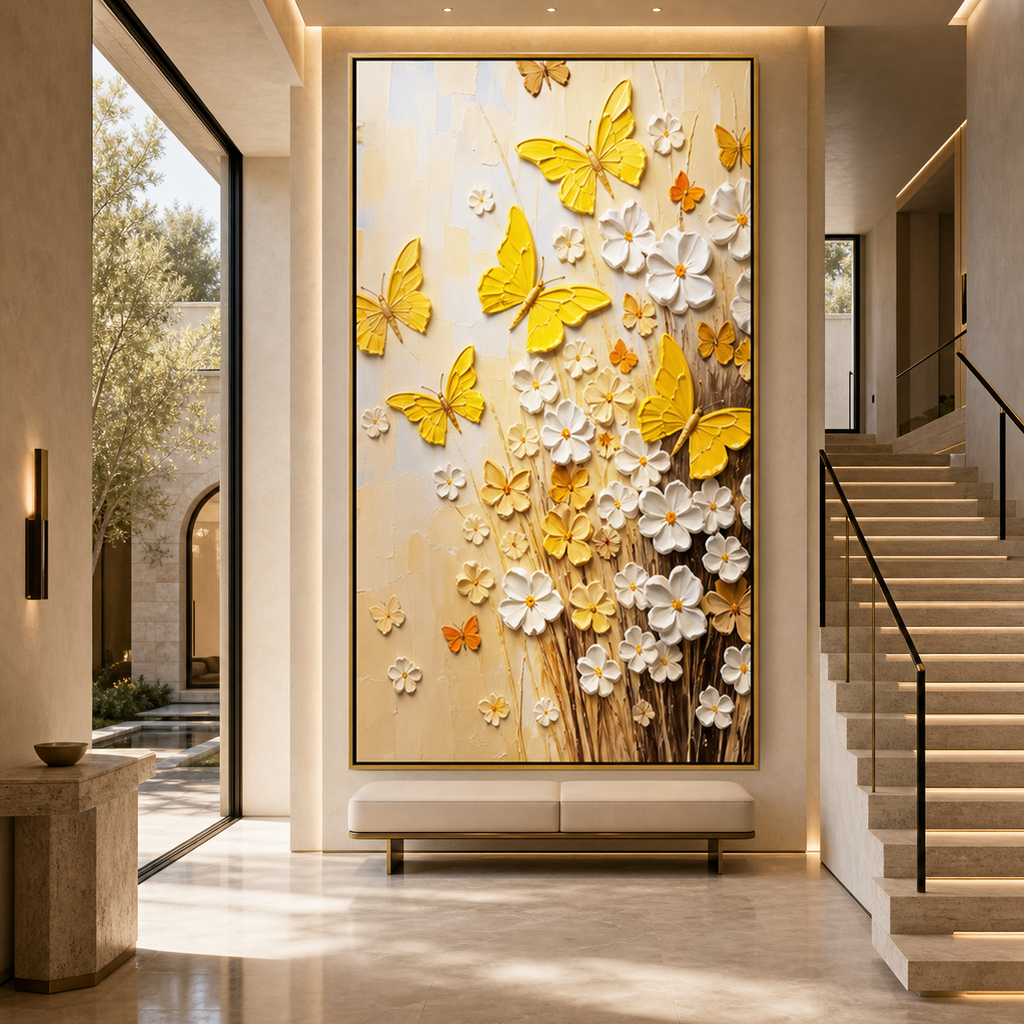 GOLDEN BUTTERFLIES: Yellow White Butterflies Flowers Textured Canvas