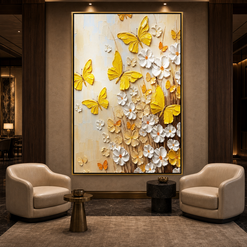 GOLDEN BUTTERFLIES: Yellow White Butterflies Flowers Textured Canvas