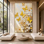GOLDEN BUTTERFLIES: Yellow White Butterflies Flowers Textured Canvas