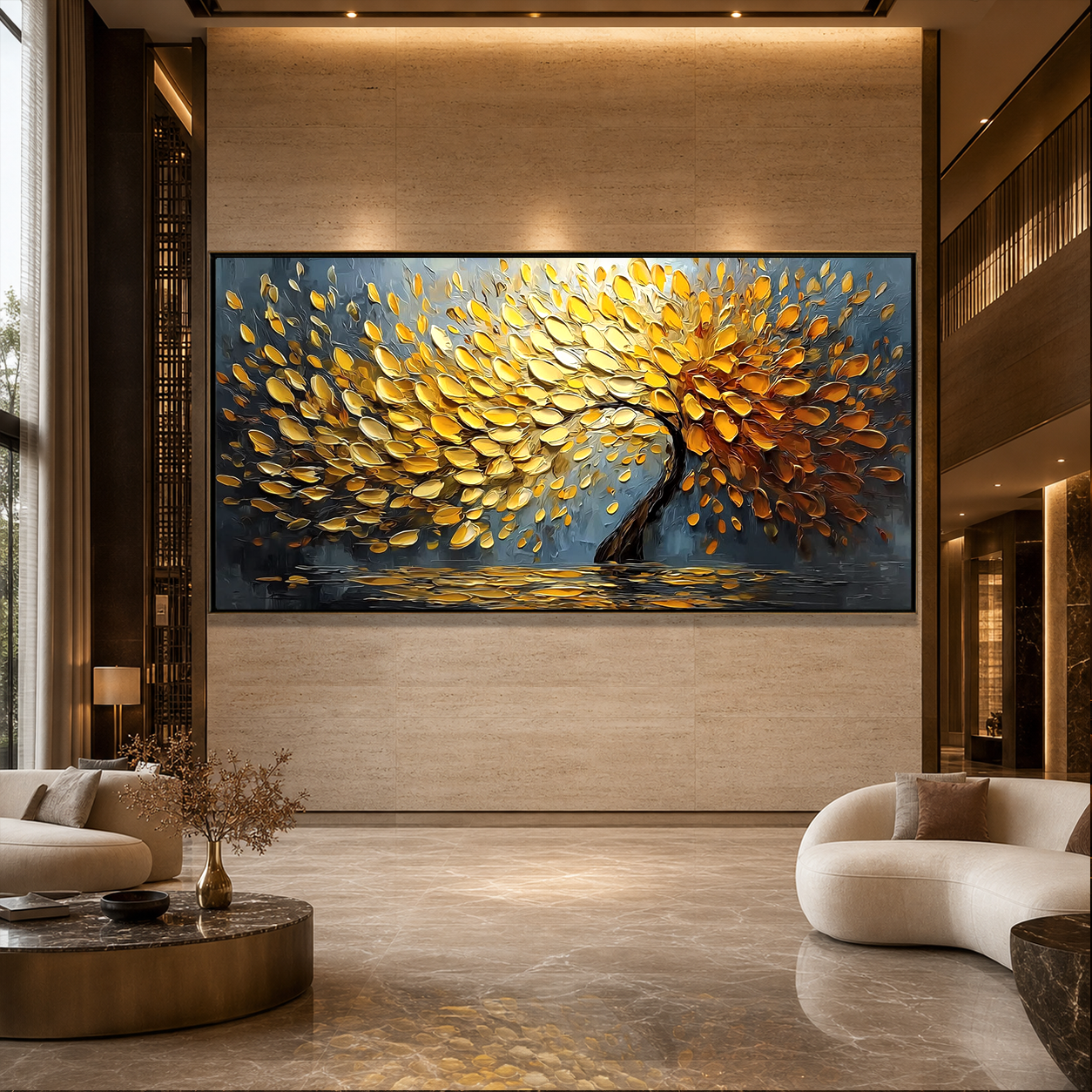 GOLDEN CASCADE: Golden Palette Knife Tree Impasto Canvas
