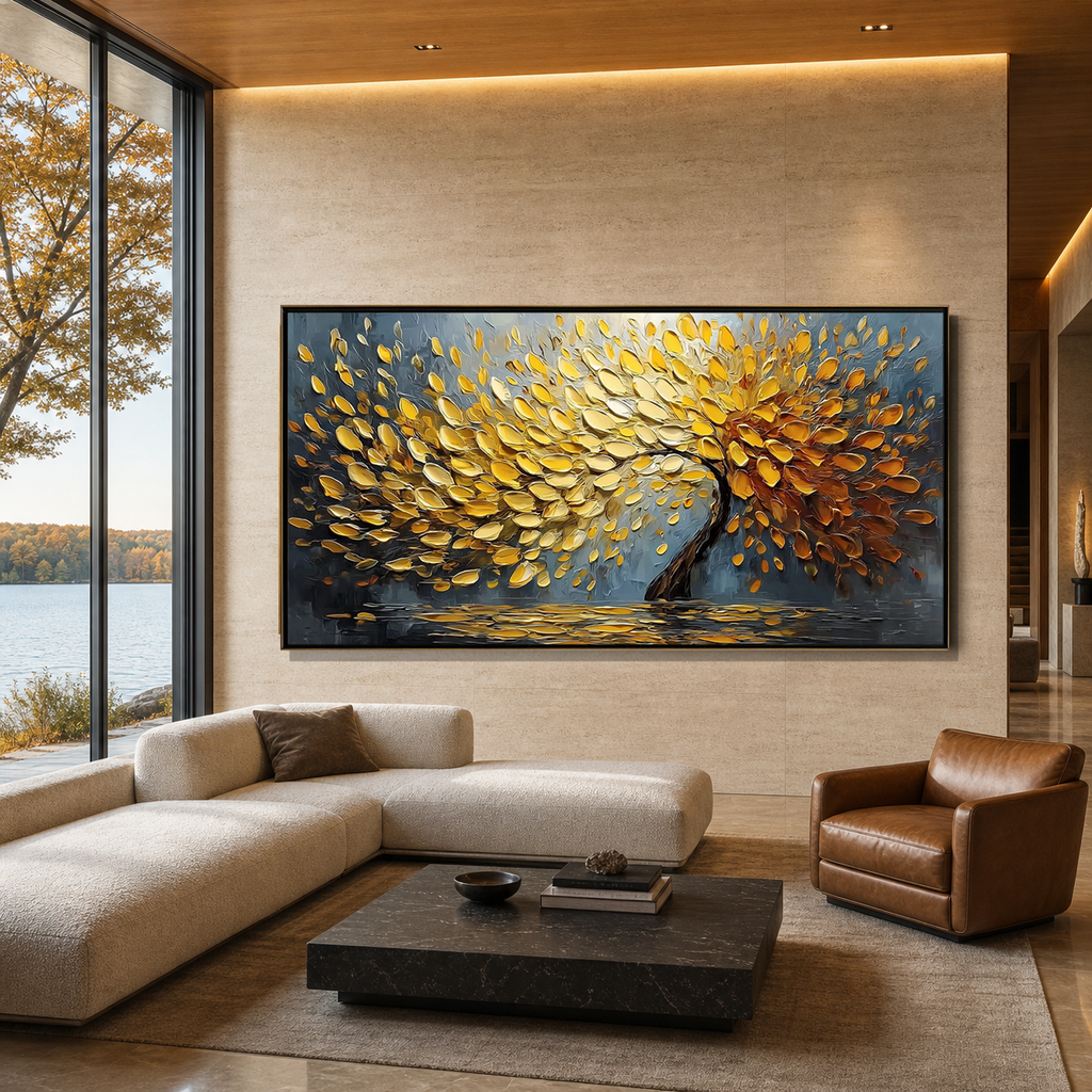 GOLDEN CASCADE: Golden Palette Knife Tree Impasto Canvas