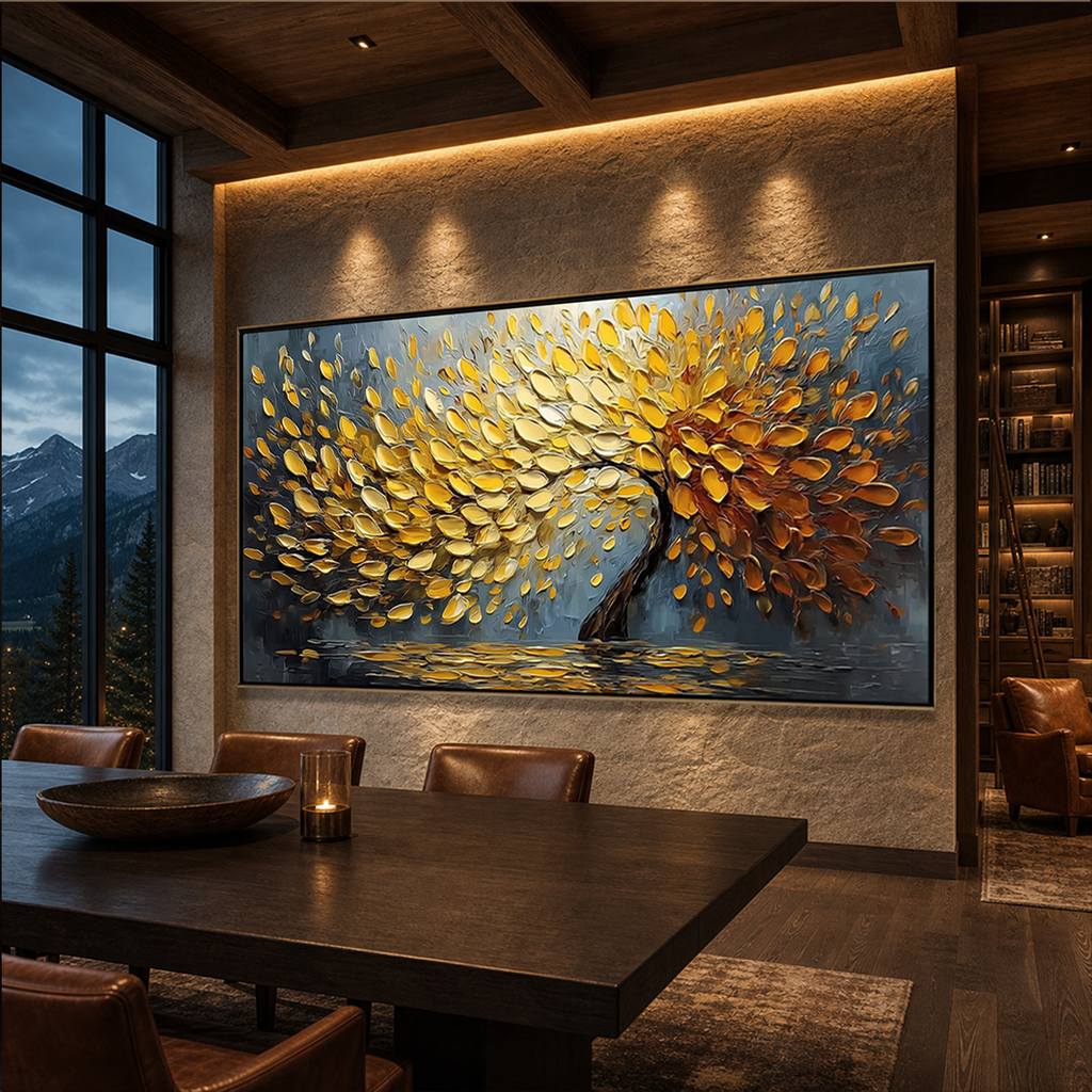 GOLDEN CASCADE: Golden Palette Knife Tree Impasto Canvas