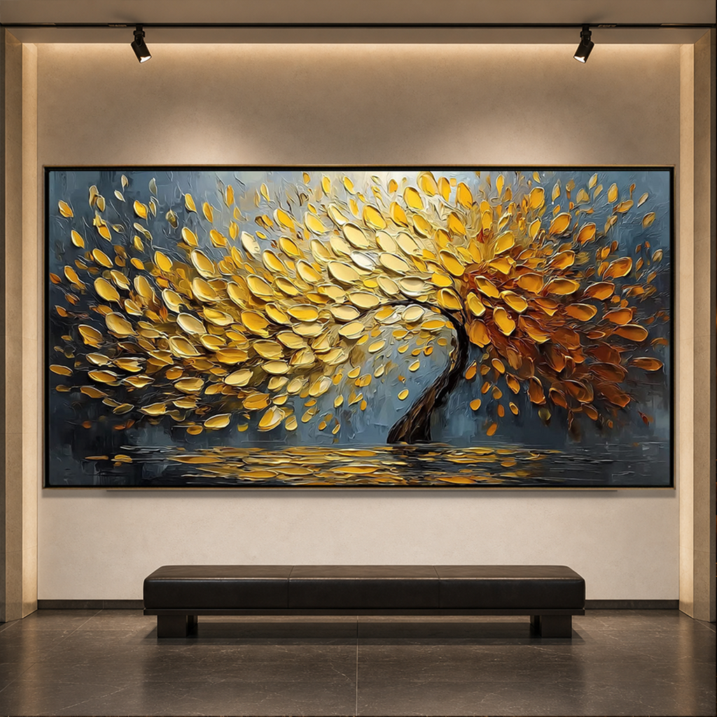 GOLDEN CASCADE: Golden Palette Knife Tree Impasto Canvas