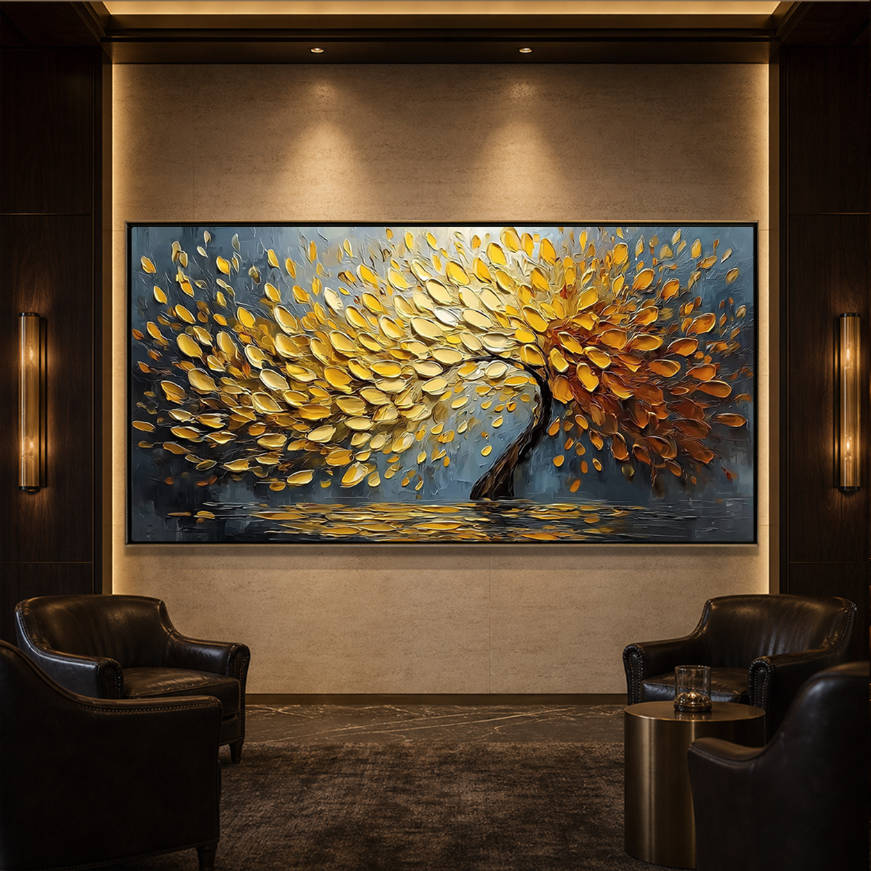 GOLDEN CASCADE: Golden Palette Knife Tree Impasto Canvas