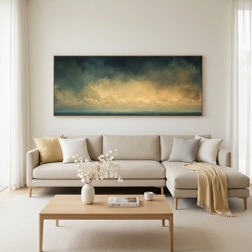 GOLDEN CLOUDS PANORAMIC: Soft Golden Sky Calm Seascape Canvas