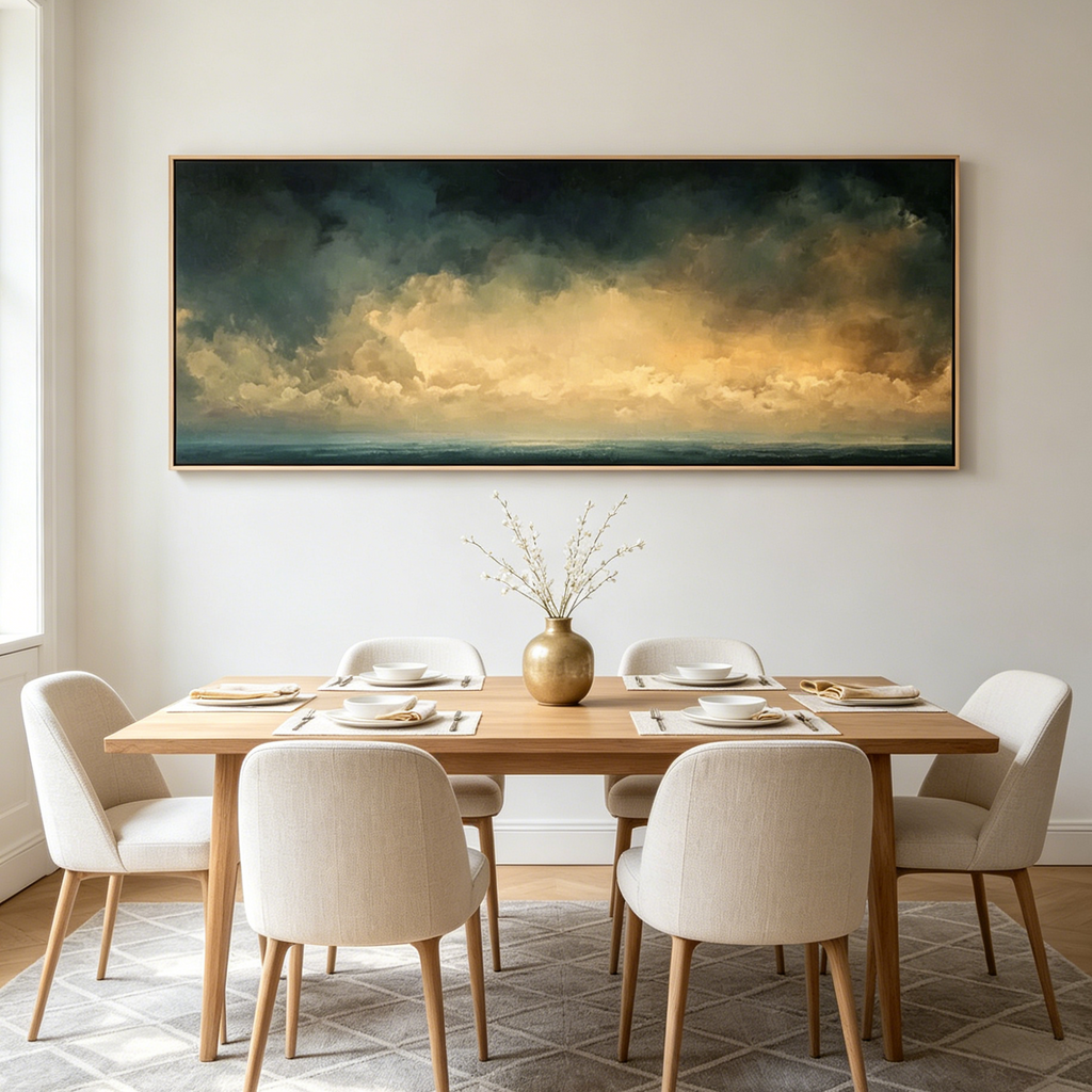GOLDEN CLOUDS PANORAMIC: Soft Golden Sky Calm Seascape Canvas