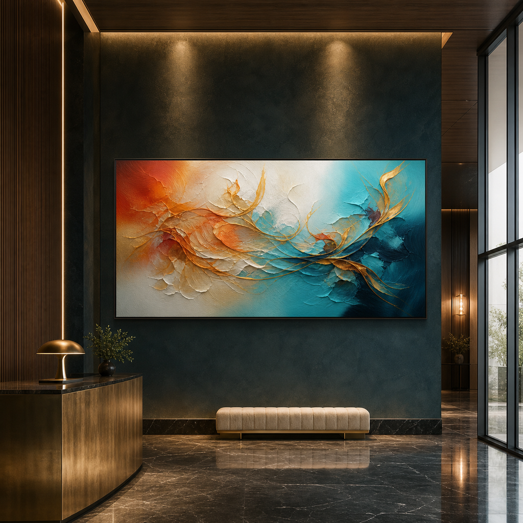 GOLDEN CURRENTS: Flowing Teal Gold Abstract Panoramic Canvas