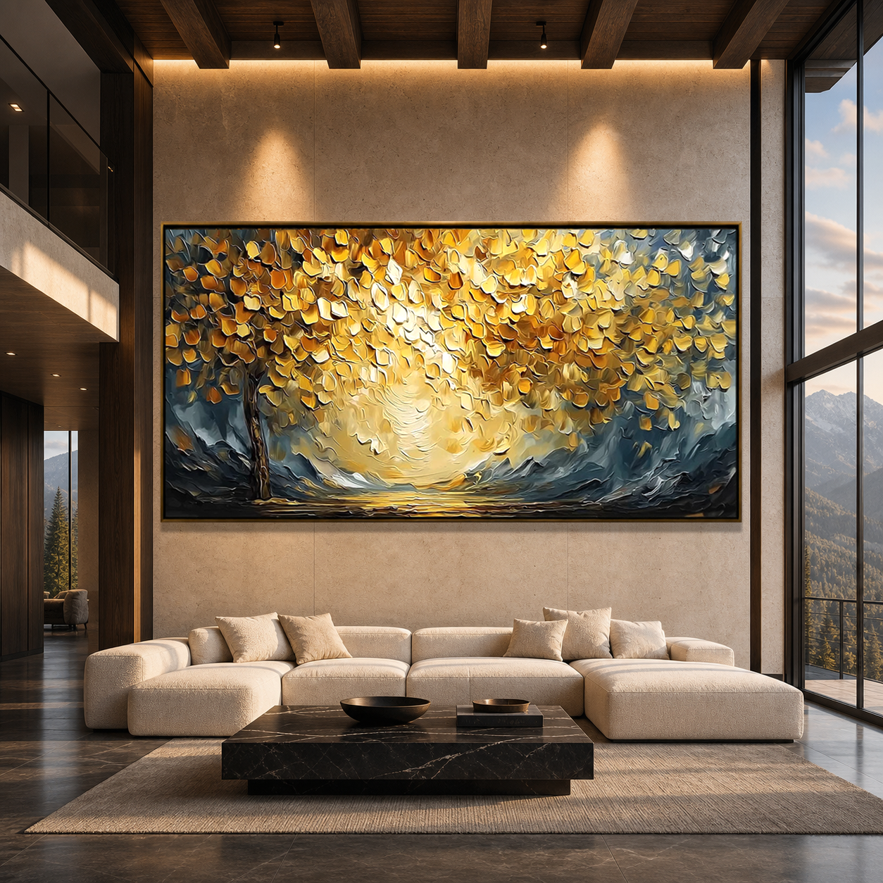 GOLDEN EMBRACE: Golden Tree Canopy Impasto Canvas