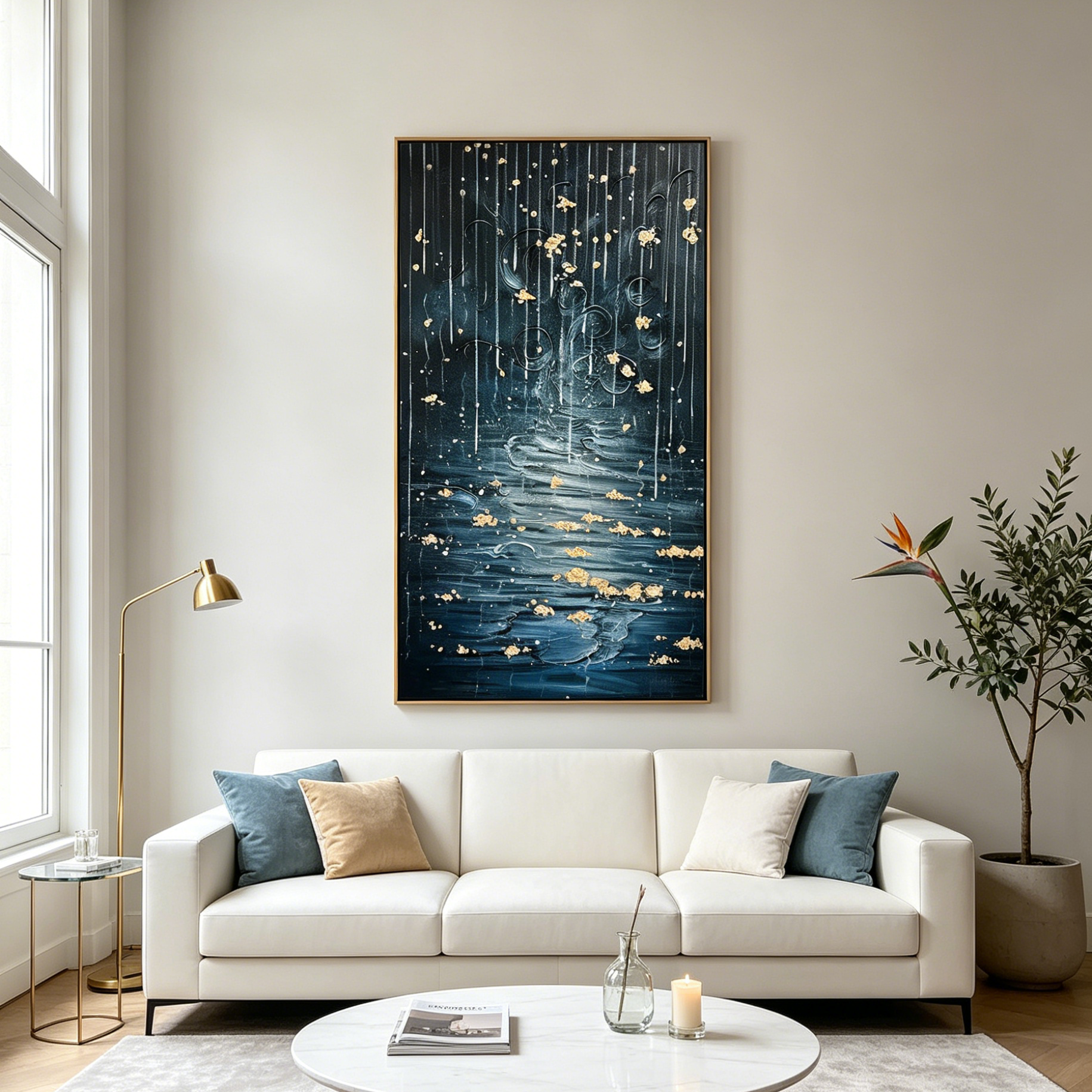 GOLDEN FALLS: Blue Gold Waterfall Vertical Wall Art