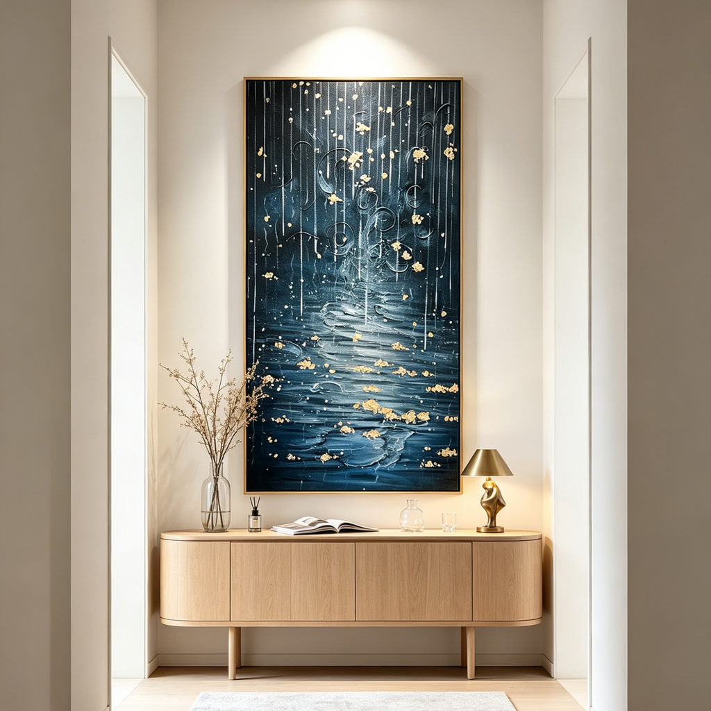 GOLDEN FALLS: Blue Gold Waterfall Vertical Wall Art