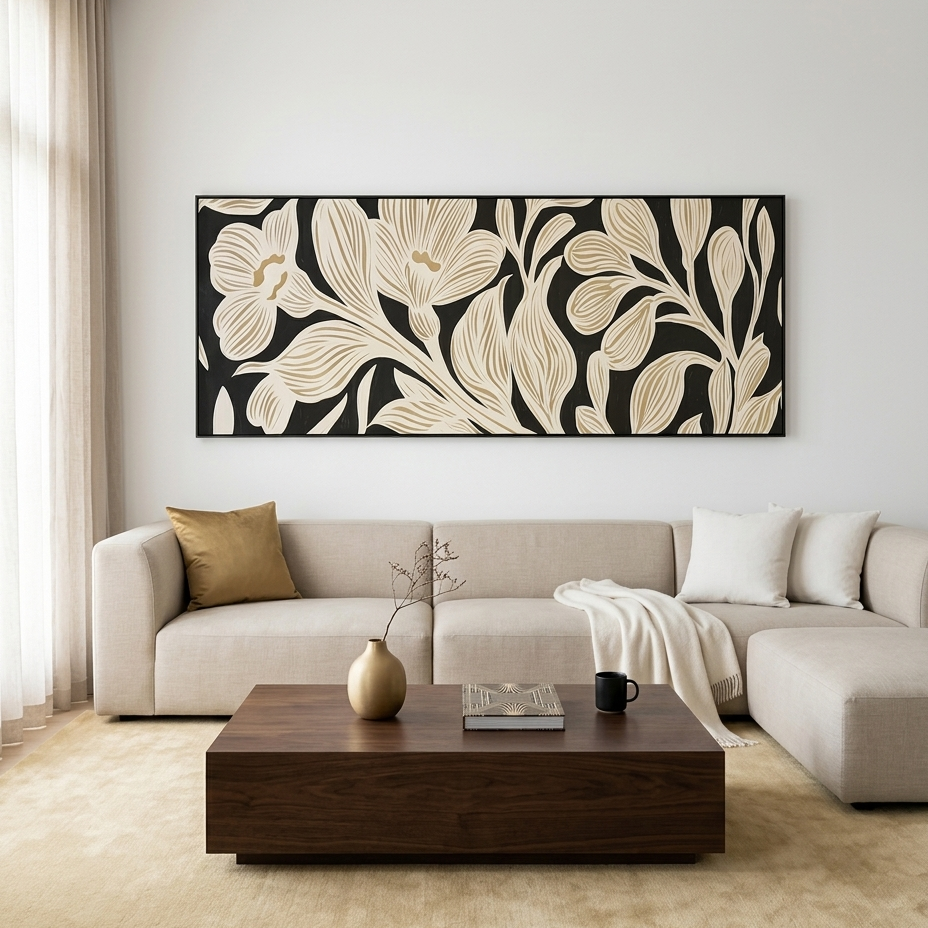 GOLDEN FLORAL: Stylized Black And Gold Floral Design Panoramic Canvas