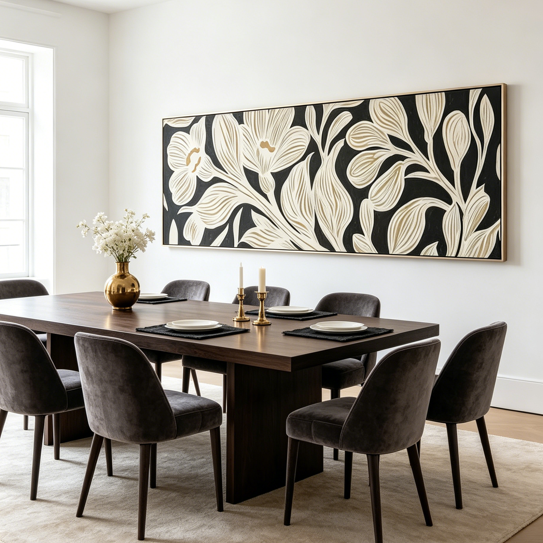GOLDEN FLORAL: Stylized Black And Gold Floral Design Panoramic Canvas