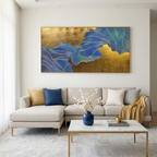 GOLDEN FLOW: Flowing Blue Lines Textured Gold Background Canvas