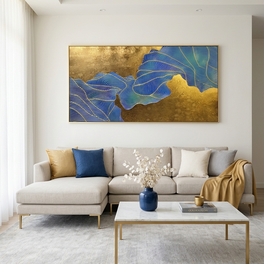 GOLDEN FLOW: Flowing Blue Lines Textured Gold Background Canvas
