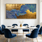 GOLDEN FLOW: Flowing Blue Lines Textured Gold Background Canvas