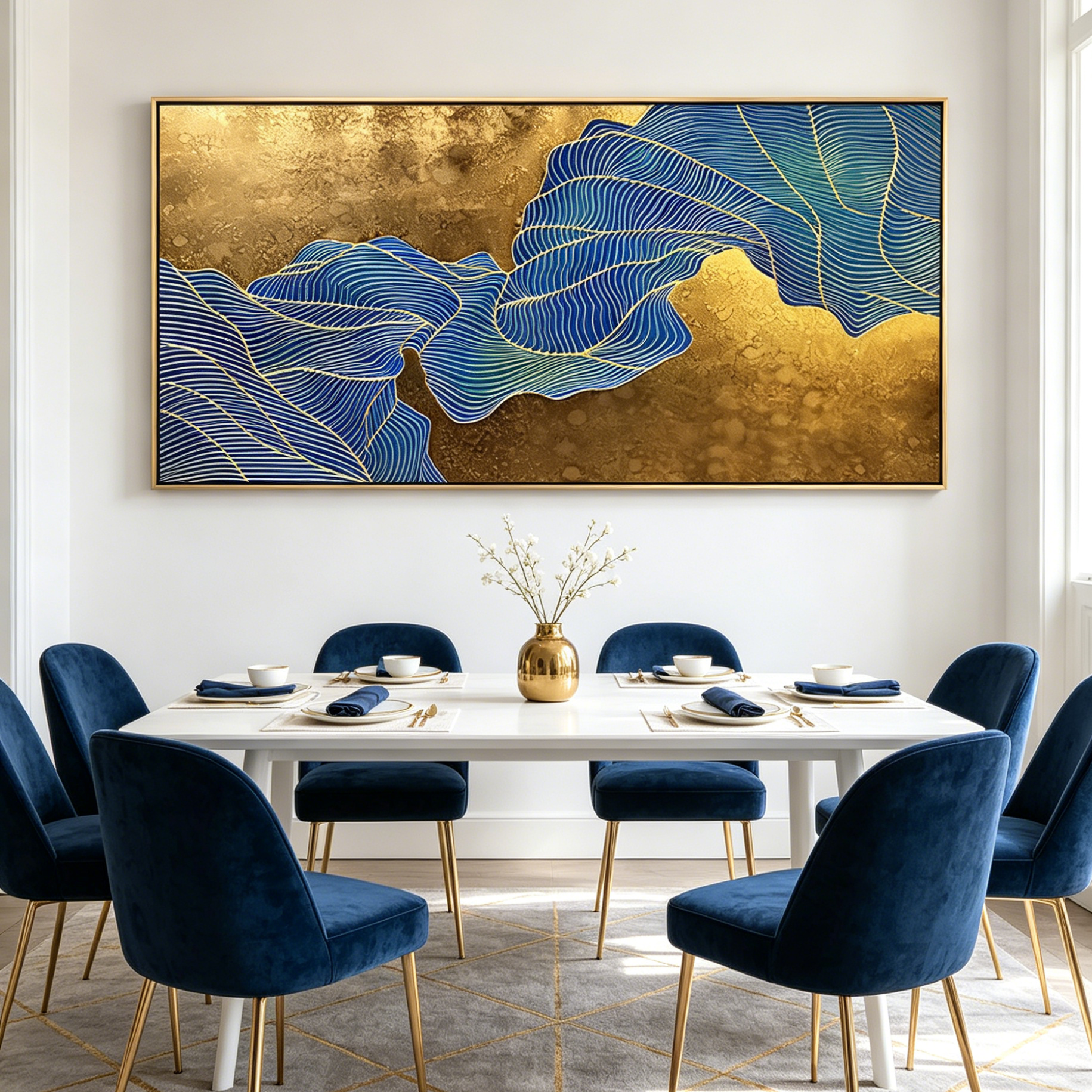 GOLDEN FLOW: Flowing Blue Lines Textured Gold Background Canvas