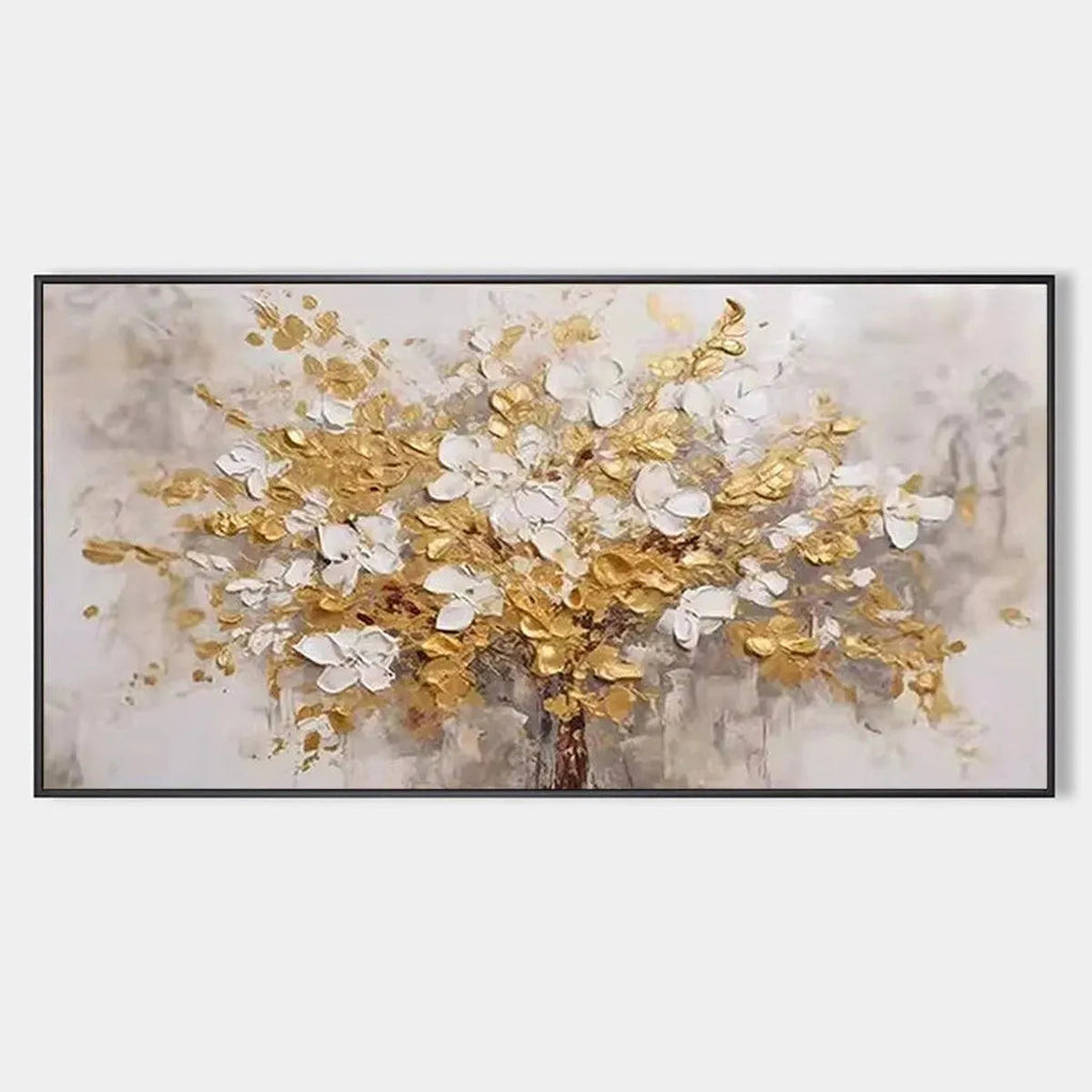 GOLDEN GARDEN: Textured white and gold floral oil painting by Elodie Dubois, with impasto blossoms and metallic details.