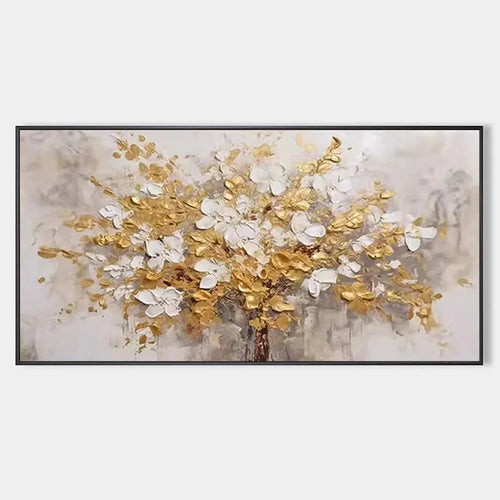 GOLDEN GARDEN: Textured white and gold floral oil painting by Elodie Dubois, with impasto blossoms and metallic details.